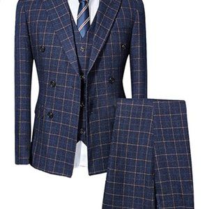 Mens Blue Slim Fit 3 Piece Checked Suits
